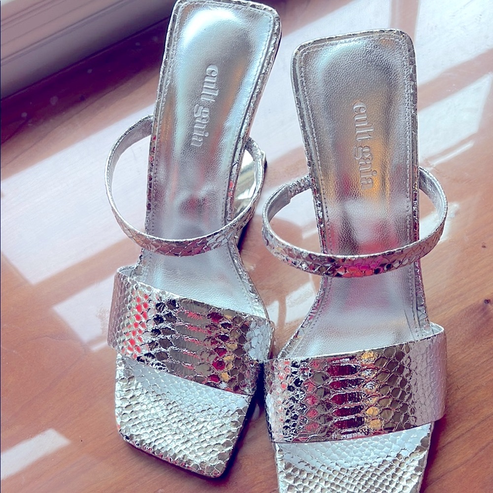 Cult Gaia Silver Heels with Shimmery Snakeskin Texture-NEW!